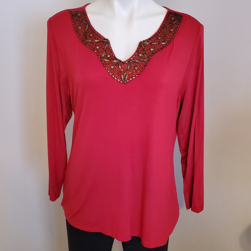 Dressbarn Red Beaded Neck Top Size Large